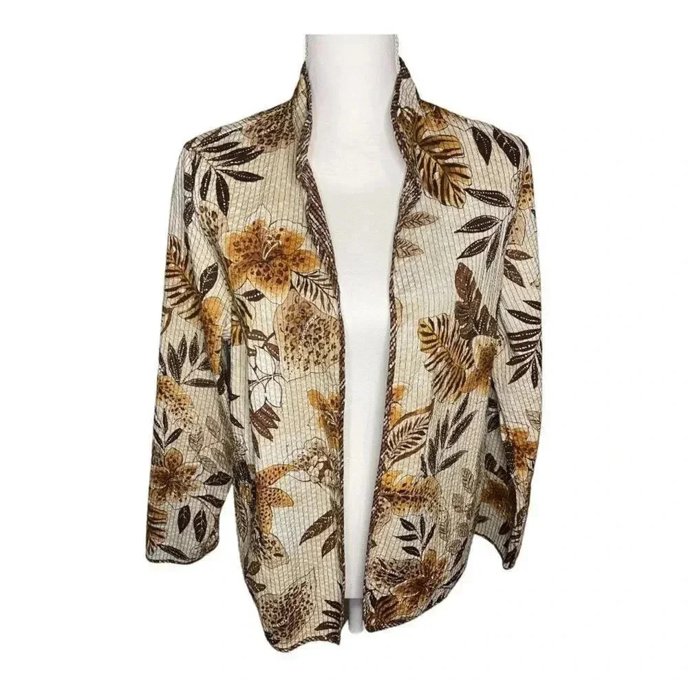 Vintage Alfred Dunner Women’s 12 Reversible Brown Quilt Long Sleeve Mandarin Ban